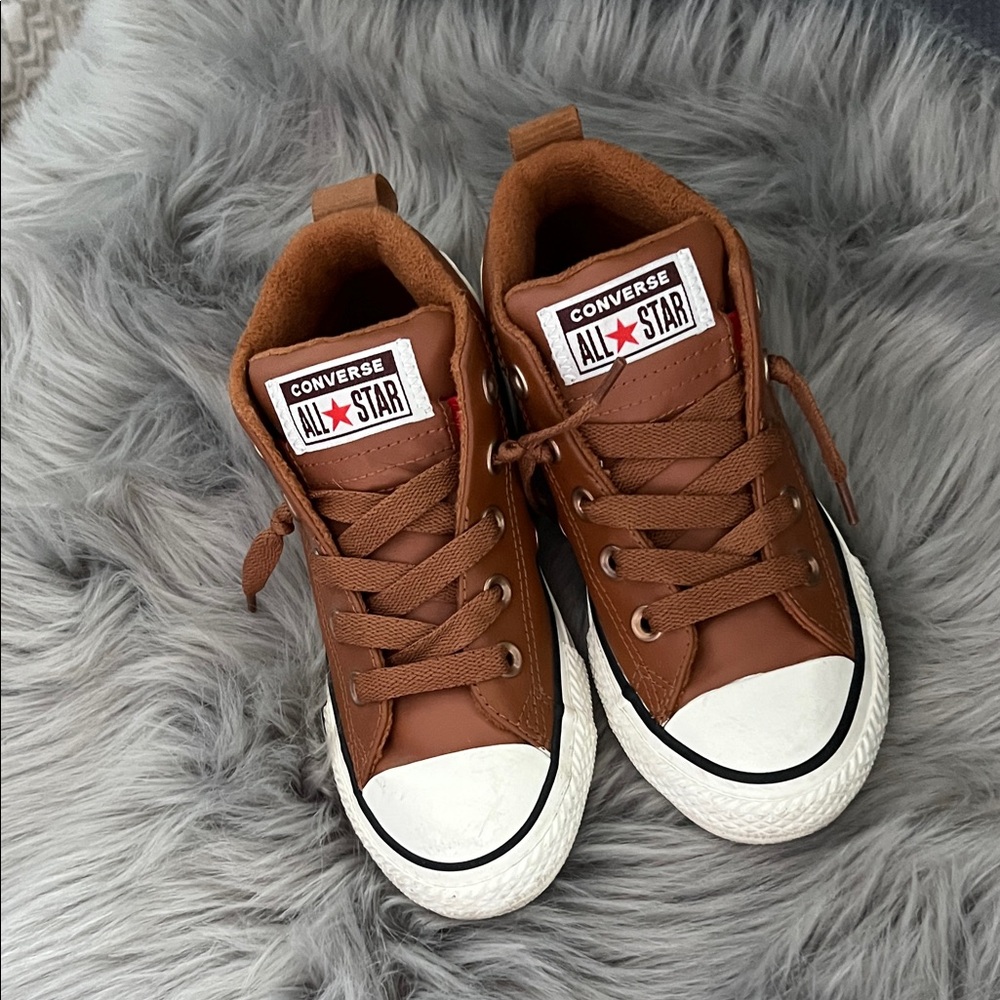 EUC Converse Kids Brown Tan and White High-Top Sneakers Leather sz 13